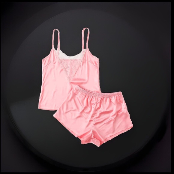 🖤 - Satin Lace Over Chest W/ Adjustable Strips Cami Top & Short Pajama 2Pc Set - Picture 2 of 8